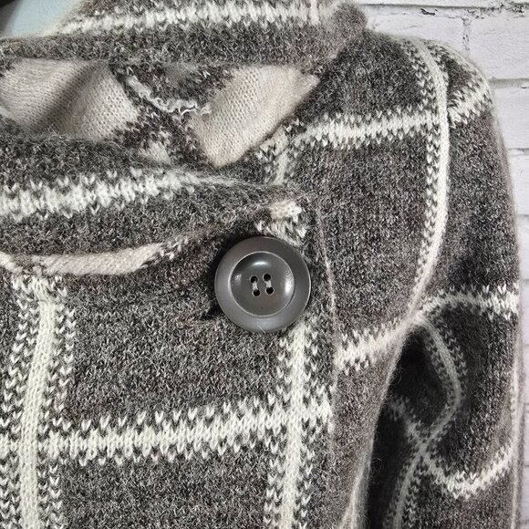 ELLEN TRACY WOMENS GRAY WHITE PLAID COWL NECK ONE BUTTON SWEATER CARDIGAN MED - Picture 4 of 9